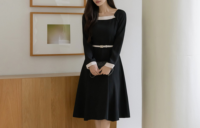 Feminine Square Neck Color Combination A-line Dress(+Belt)