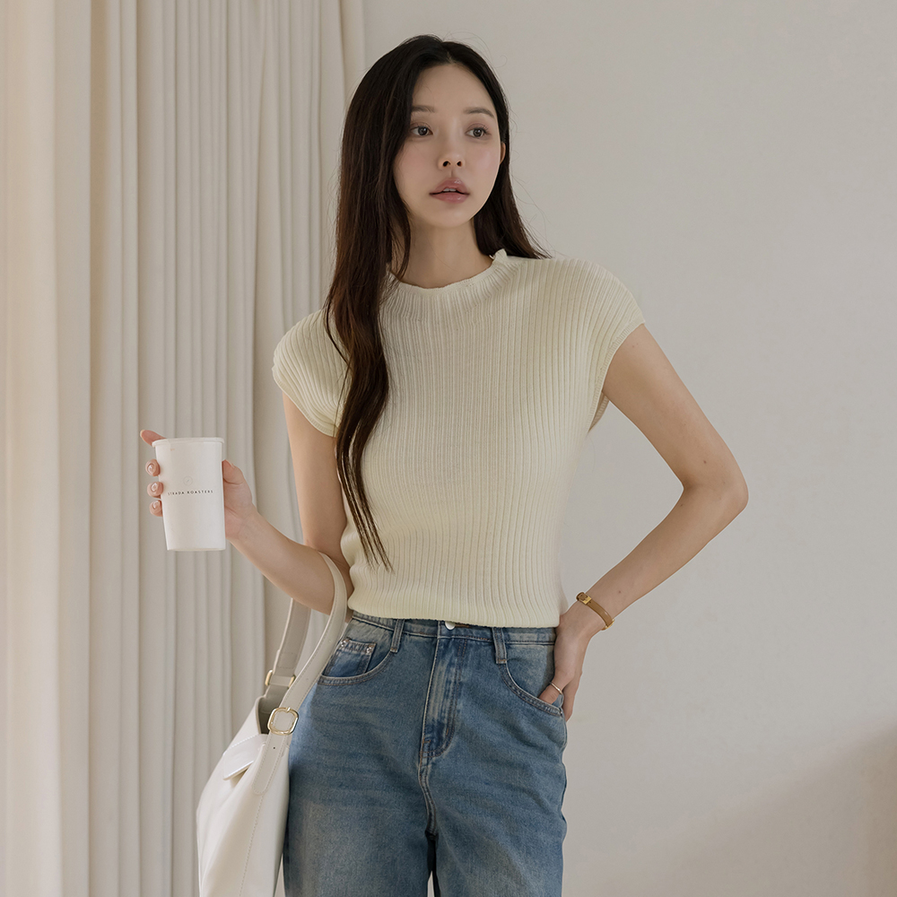 Half-Highneck Corduroy Wool Cap-Sleeves Knit