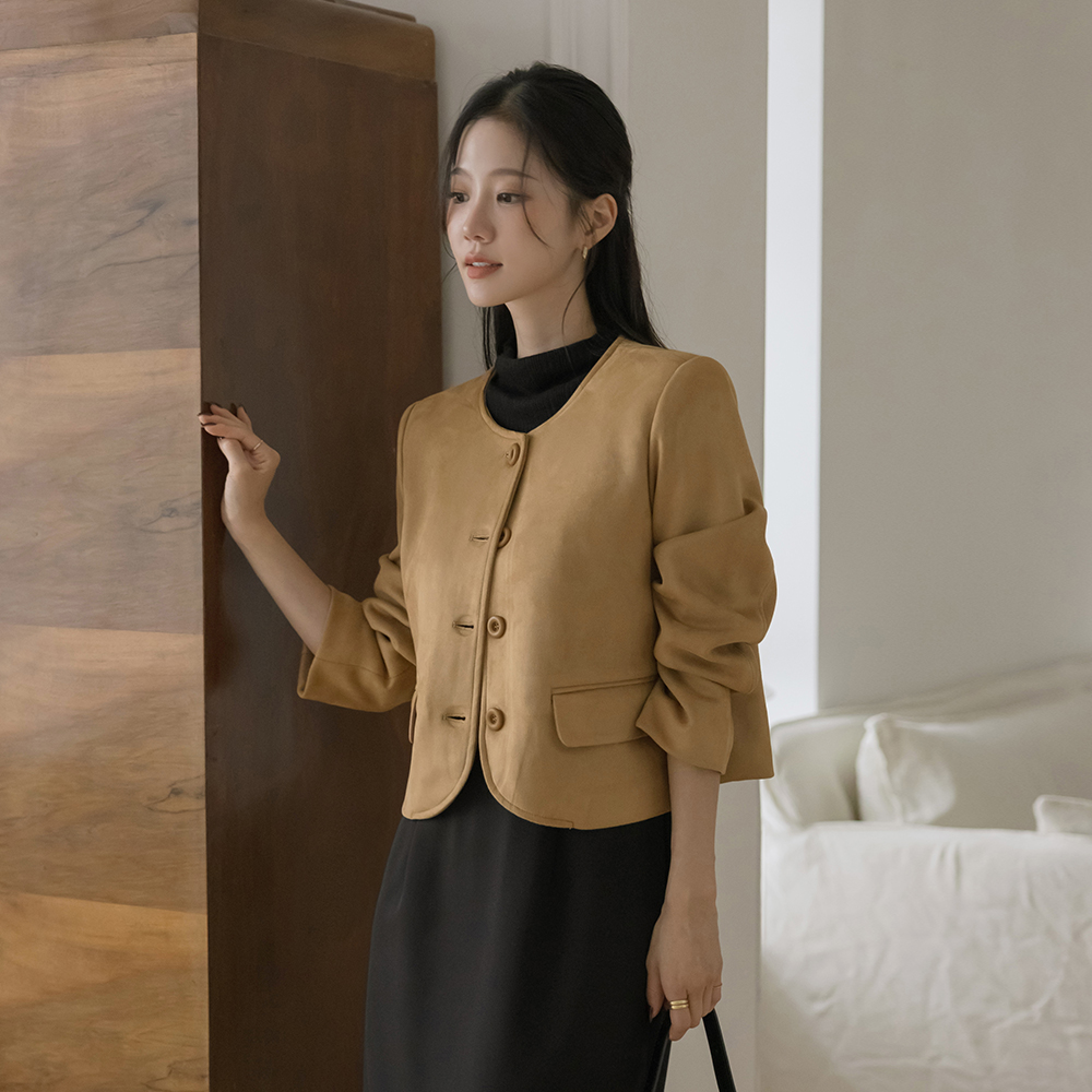 French Raund neck Suede Jacket
