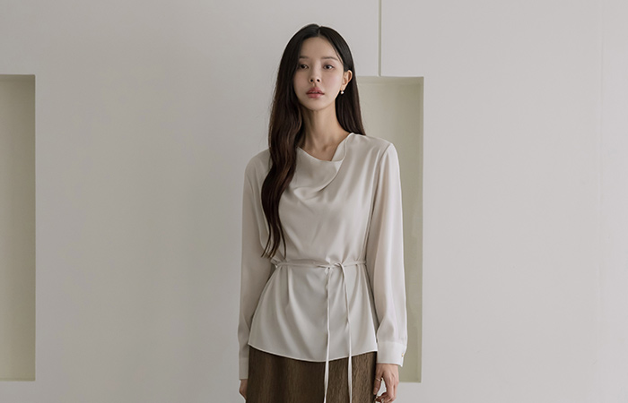 Mari Cowl Neck Long-sleeve Blouse(+Belt)