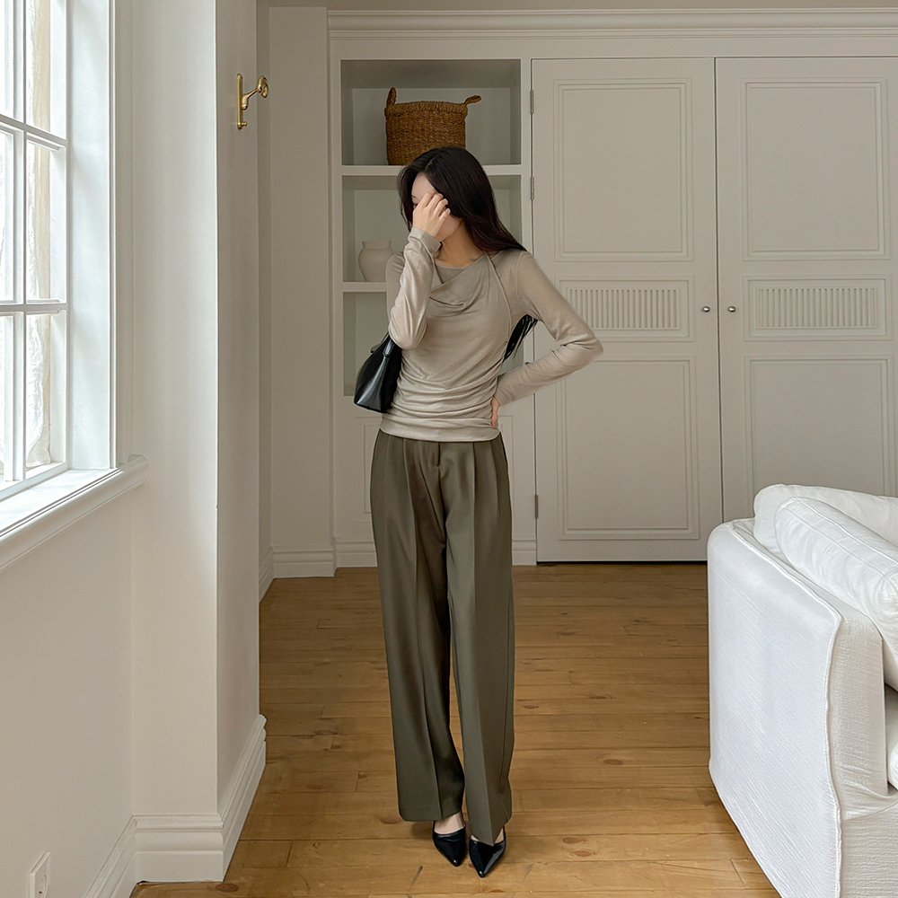 Wood Double Pintuck Wide Slacks