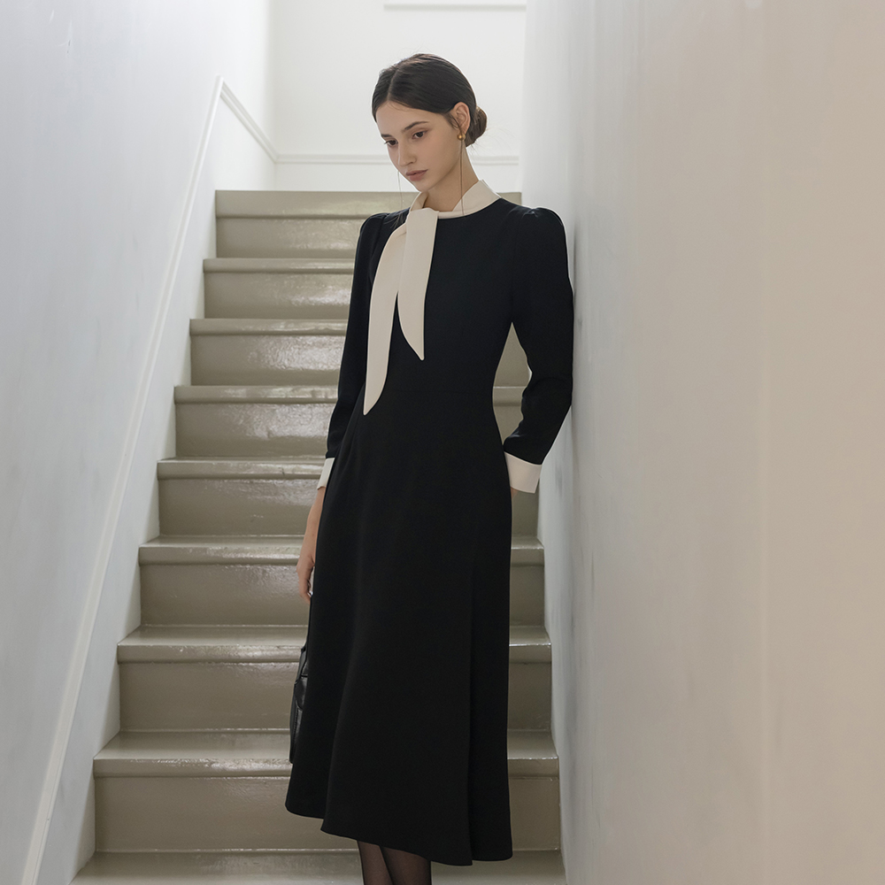 Mood Color Combination Tie Neck Dress(+Belt)