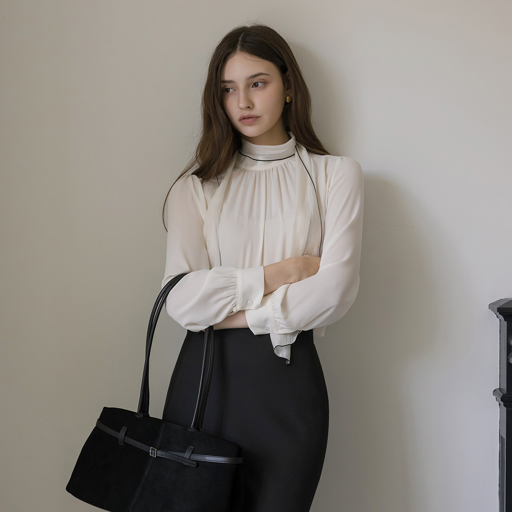 Shirring Wrinkles Color Combination Blouse(+Scarf)