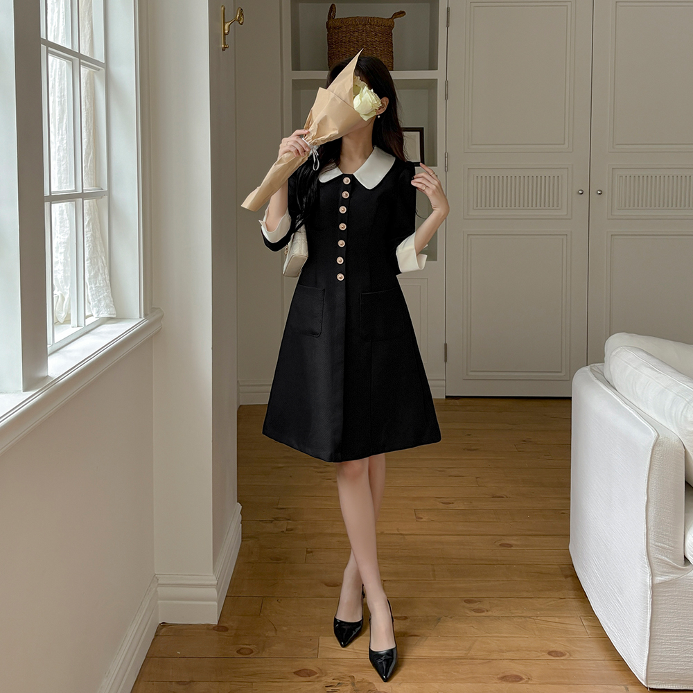 Color Combination Collar Tweed A-line Dress