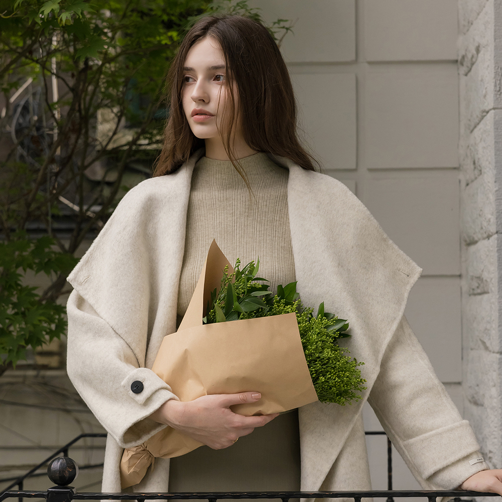 High-Neck Wool Hand-Made Long Coat(+Belt)