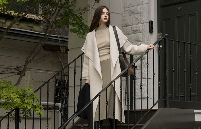 High-Neck Wool Hand-Made Long Coat(+Belt)