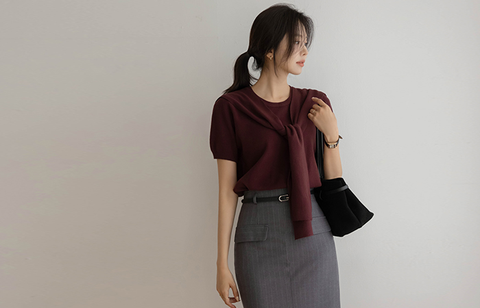 Autumn Basic Short-sleeve Knit&Shawl SET