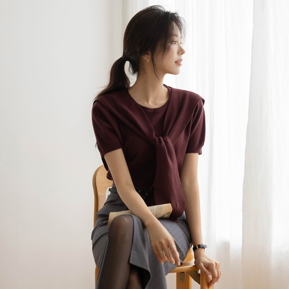 Autumn Basic Short-sleeve Knit&Shawl SET