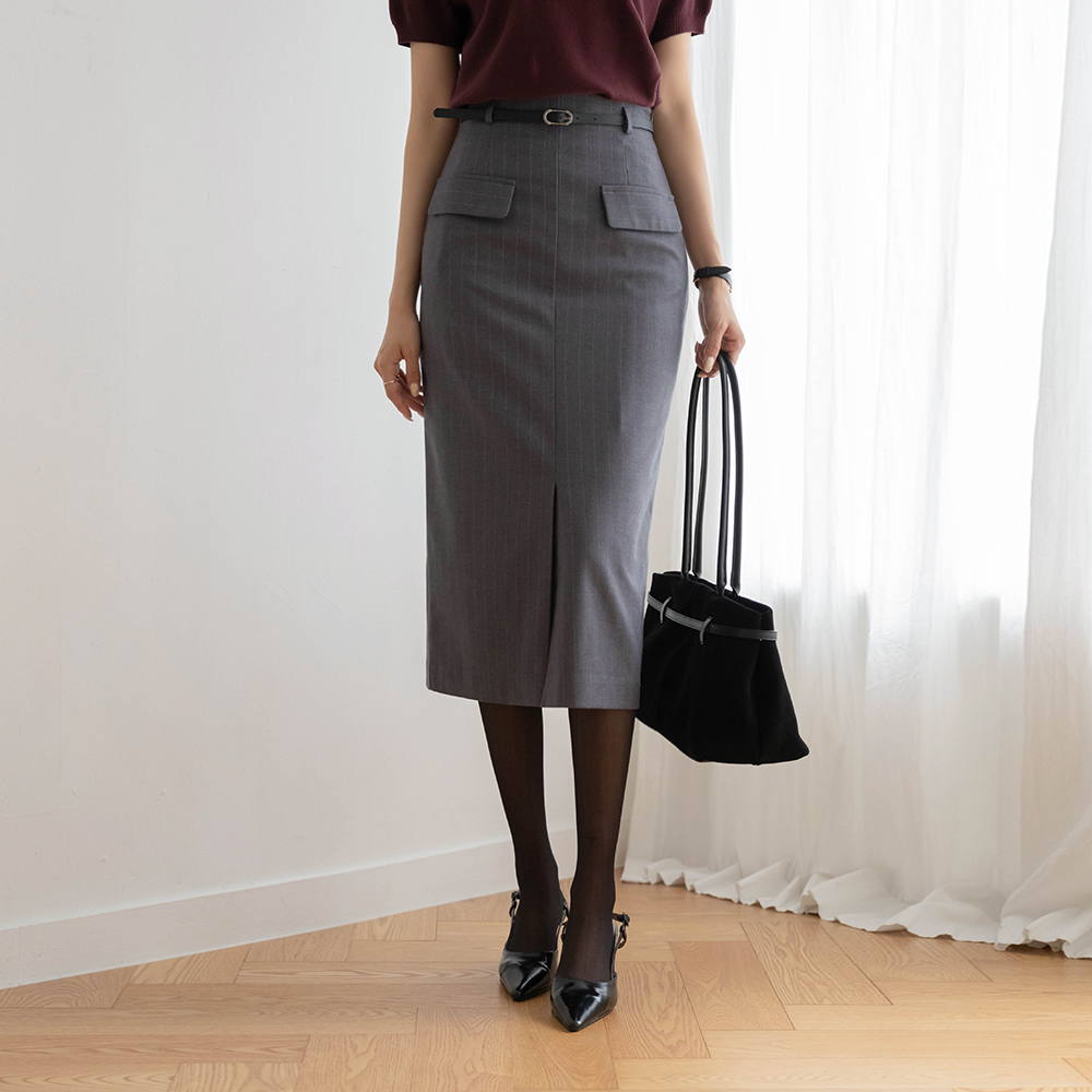 Stripe Fake Pocket Wool Skirt(+Belt)