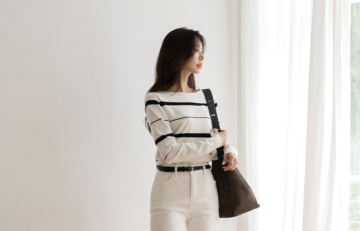slender Boat Neck Stripe Wool Knit