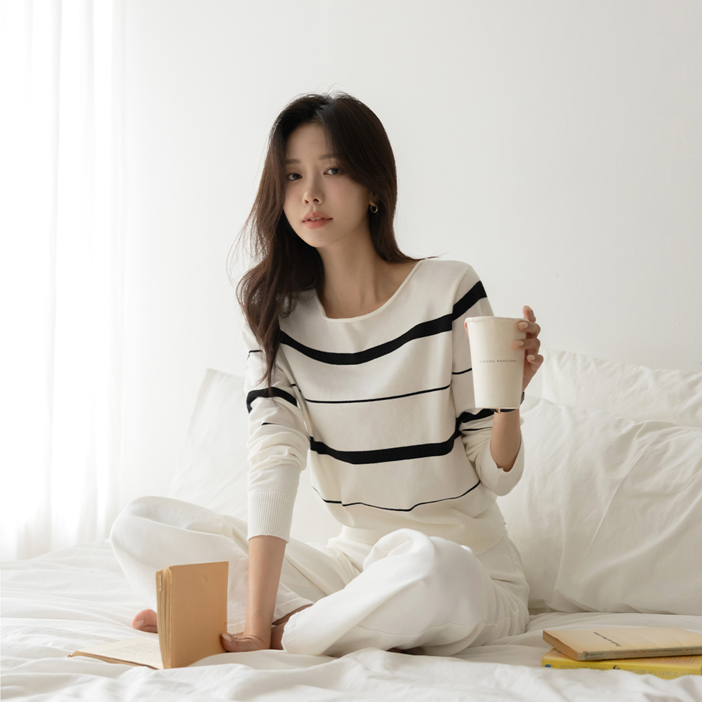 slender Boat Neck Stripe Wool Knit