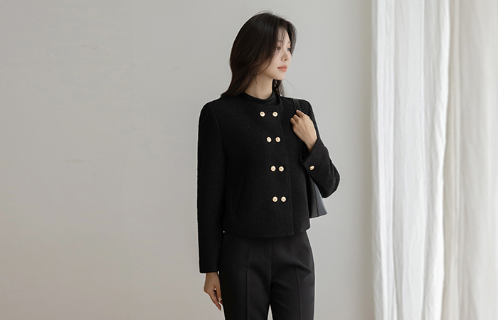 Gold Double Button Tweed Wool Jacket