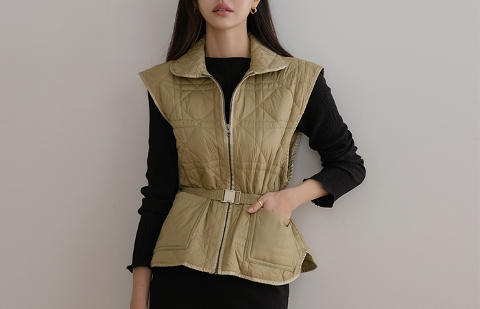 Polo quilting Zipper Padding Vest(+Belt)