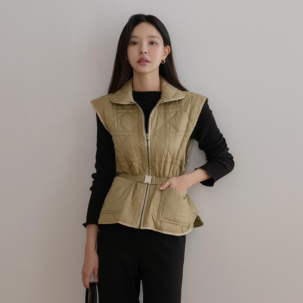 Polo quilting Zipper Padding Vest(+Belt)