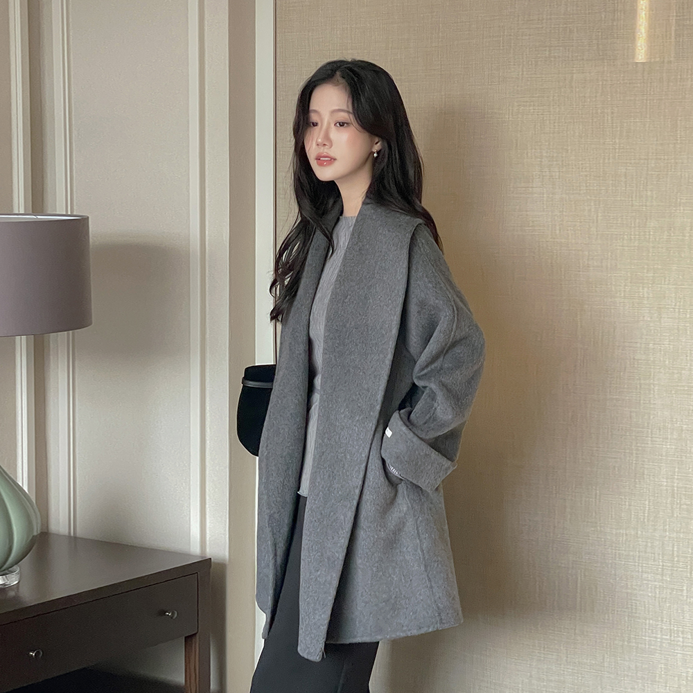Shawl Collar Wool Hand-Made Coat(+Belt)