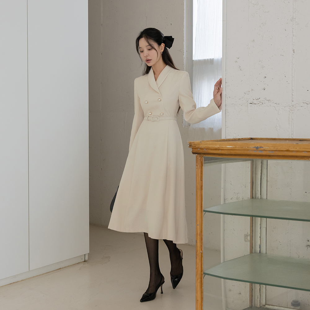 Shawl Collar Pearl Buttons A-line Tweed Dress(+Belt)