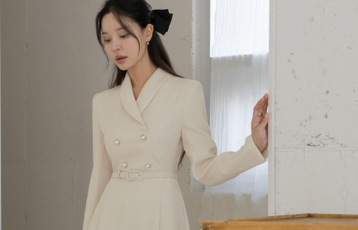 Shawl Collar Pearl Buttons A-line Tweed Dress(+Belt)