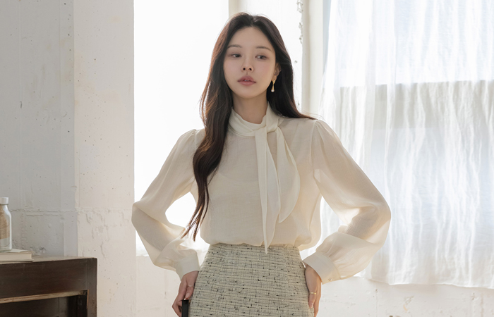 Scarf-Neck pearl See-through Blouse