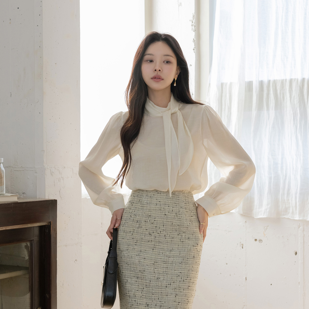 Scarf-Neck pearl See-through Blouse