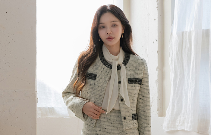 Merry Color Combination Wool Tweed Set-up Jacket