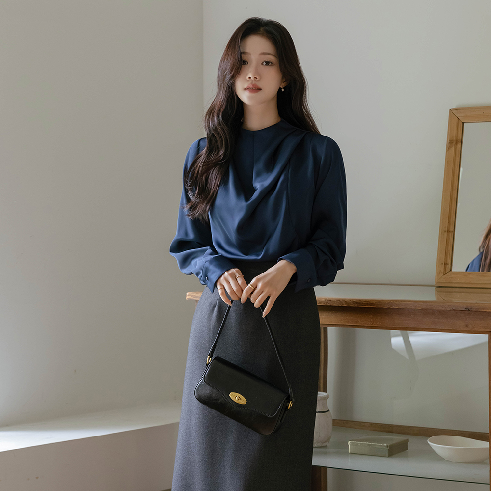 Classy Pintuck Neck Satin Blouse