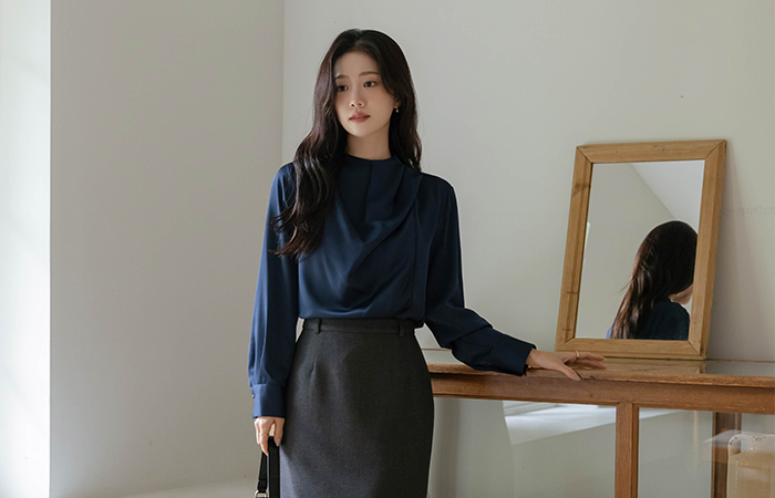 Classy Pintuck Neck Satin Blouse