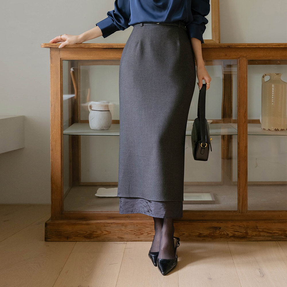 See-through Color Combination H-line Long Skirt(+Belt)