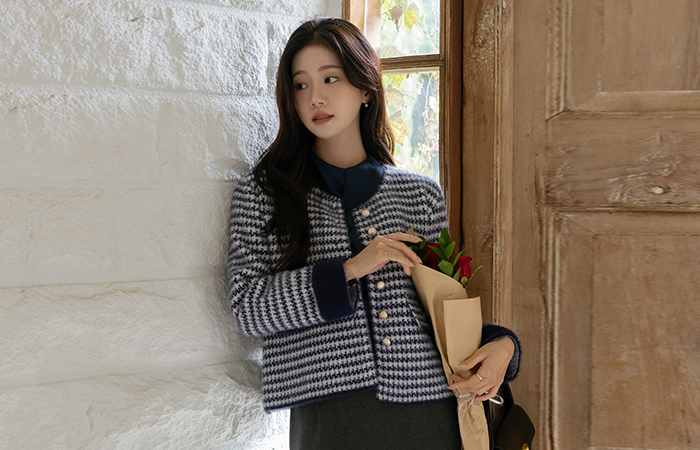 Hound Check Sleeves Color Combination Cozy Cardigan