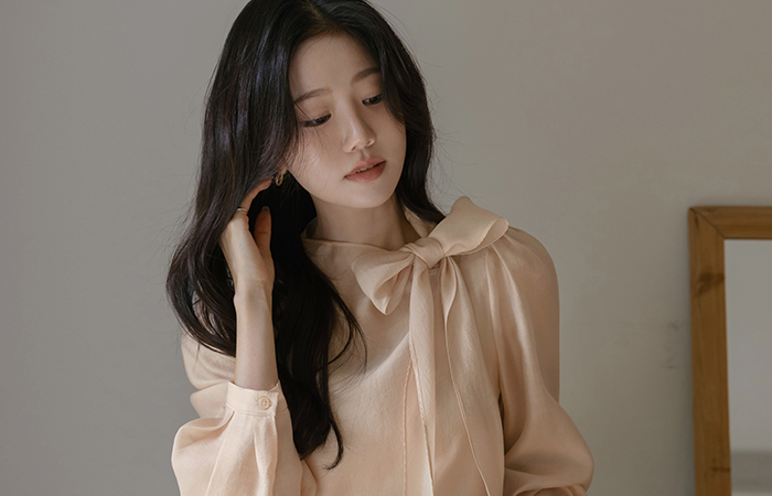 Romantic Tencel Ribbon neckline Long-sleeve Blouse