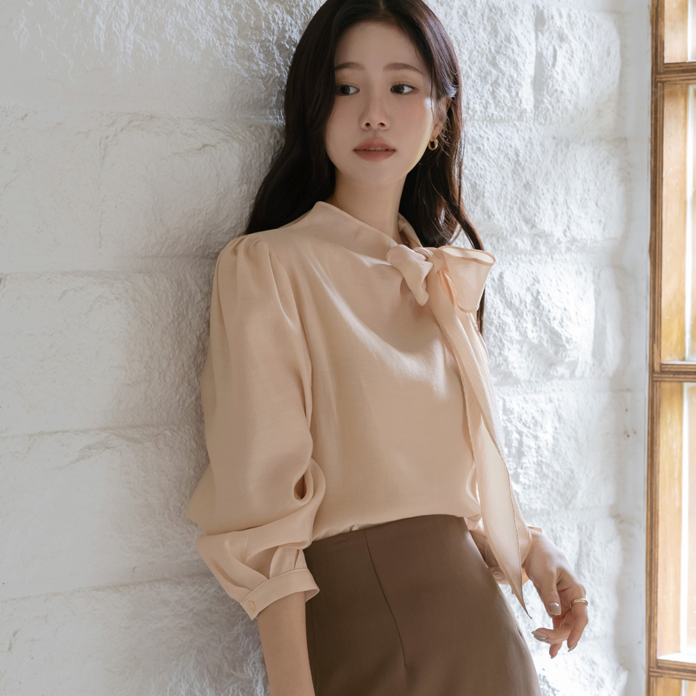 Romantic Tencel Ribbon neckline Long-sleeve Blouse