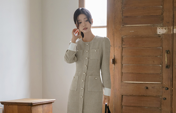 Sleeves Color Combination Pearl Button Tweed Long Dress