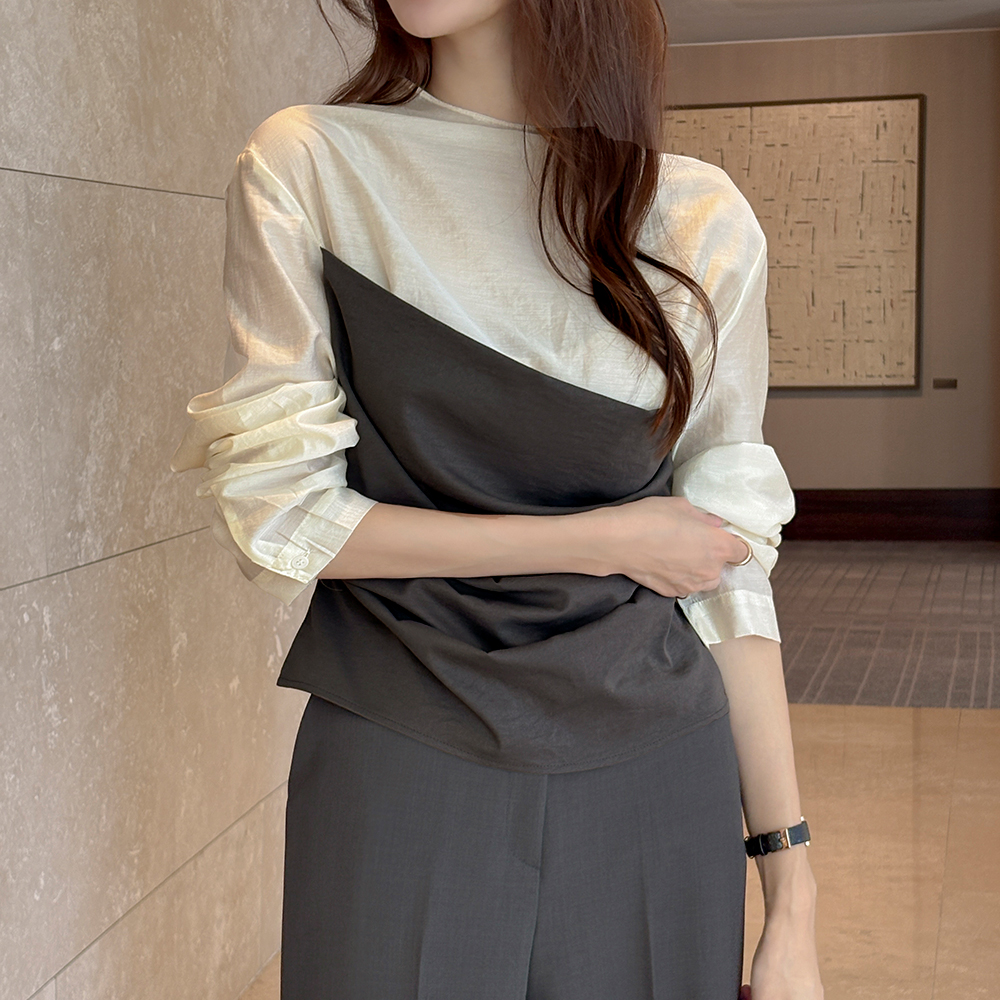 Color Combination Unbalance Shirring Blouse