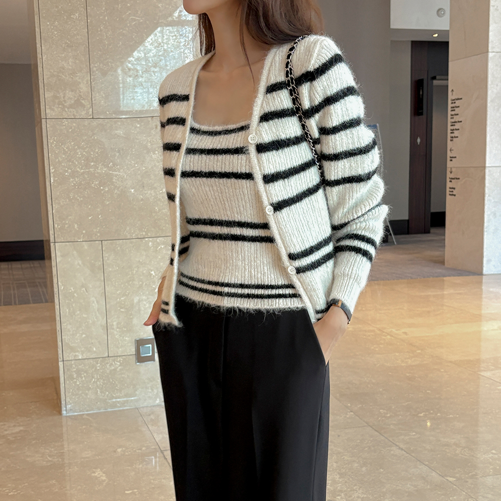 Stripe Wool Sleeveless shirts Knit&Cardigan SET