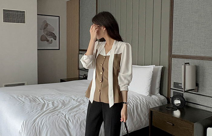 Color Combination Peplum Blouse(+Tie)
