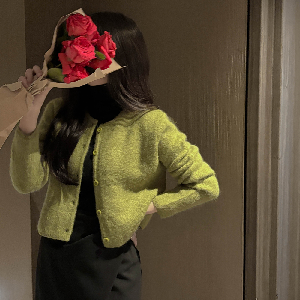 Angora fluffy Color Raund neck Cardigan