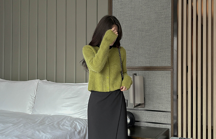 Angora fluffy Color Raund neck Cardigan