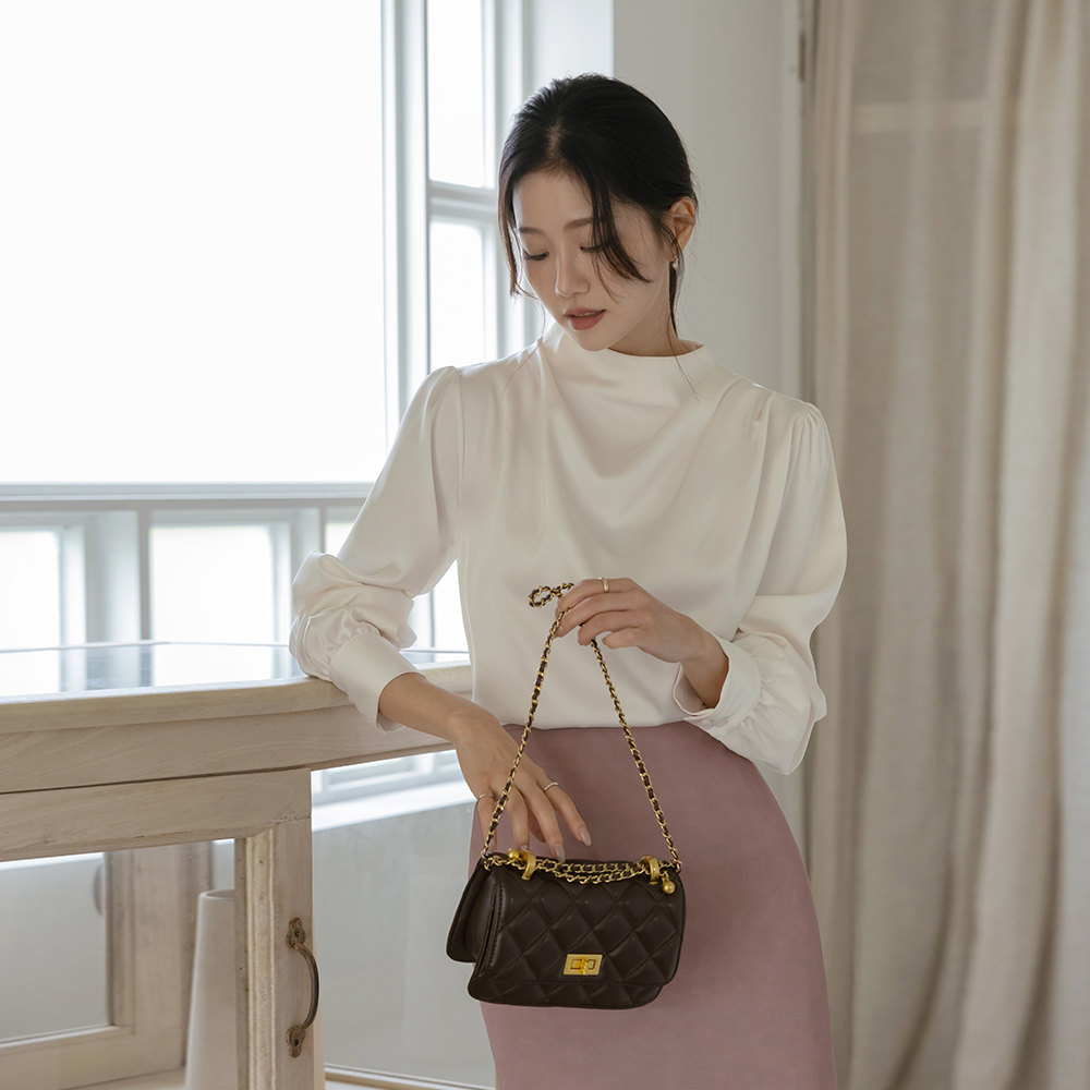 Half-Highneck Draping Satin Blouse