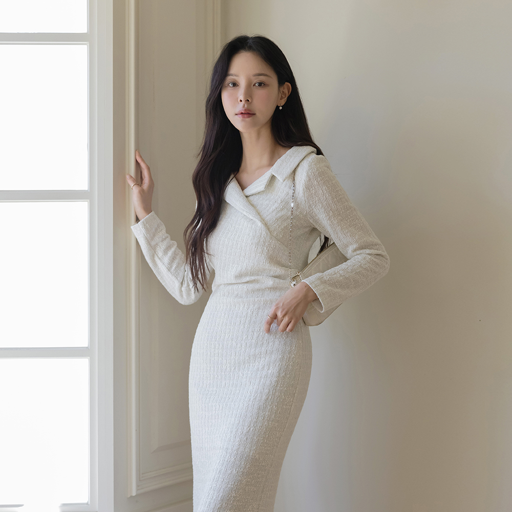 Shirring Wrap Style Wool Span Tweed Dress