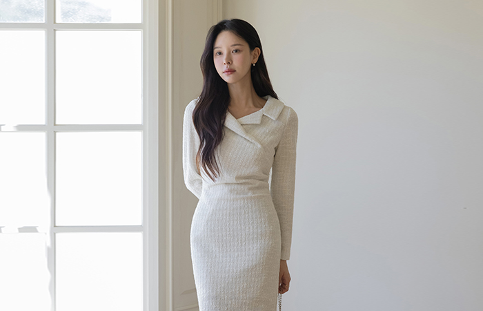 Shirring Wrap Style Wool Span Tweed Dress