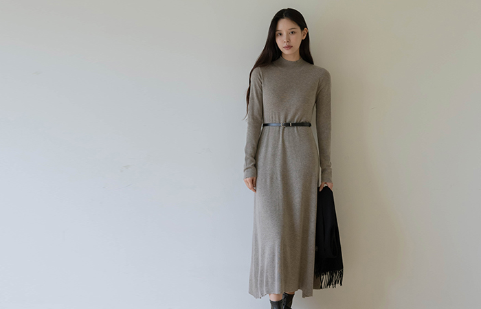 Half-Neck Natural Fit Wool Knit Long Dress(+Belt)
