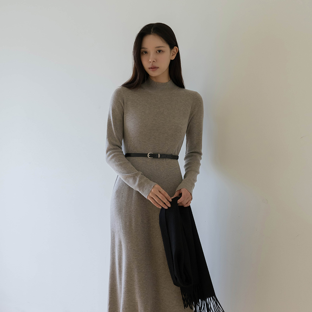 Half-Neck Natural Fit Wool Knit Long Dress(+Belt)