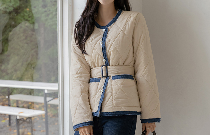 Raund neck Denim Color Combination quilting Padding(+Belt)