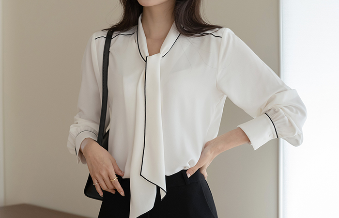 Clean Tie Neck Color Combination Long-sleeve Blouse