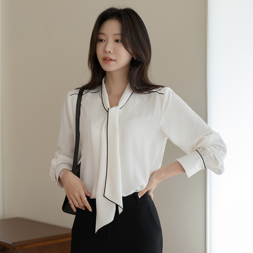 Clean Tie Neck Color Combination Long-sleeve Blouse