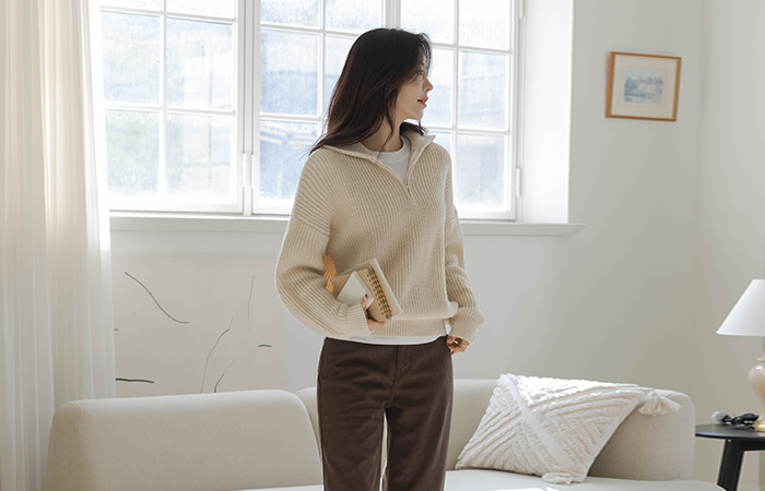 High-Neck Harp Zip up Thick Knit