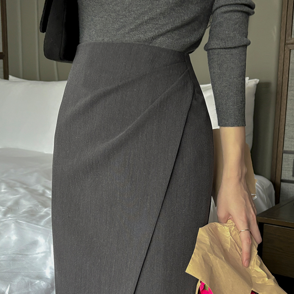 Shirring Wrap Style H-line Long Skirt