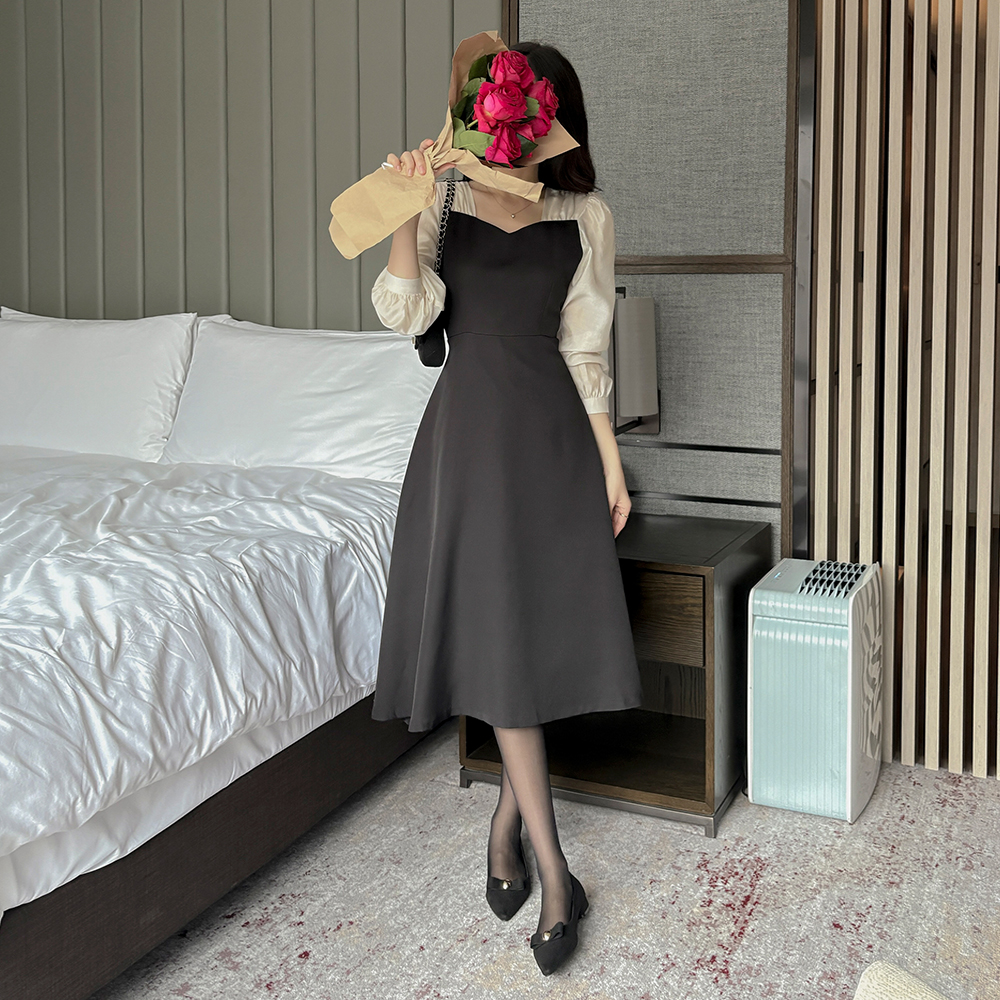 Heart Neck Color Combination A-line Long-sleeve Dress
