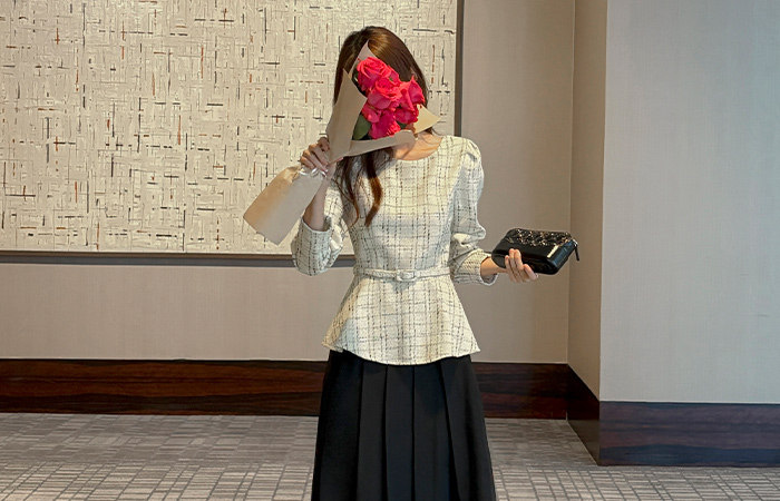 Check Tweed Peplum Blouse(+Belt)