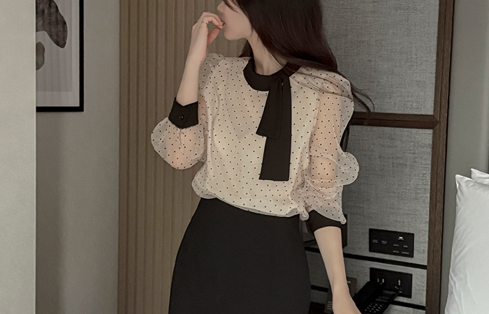 Lovely Dot Scarf-Neck See-through Blouse