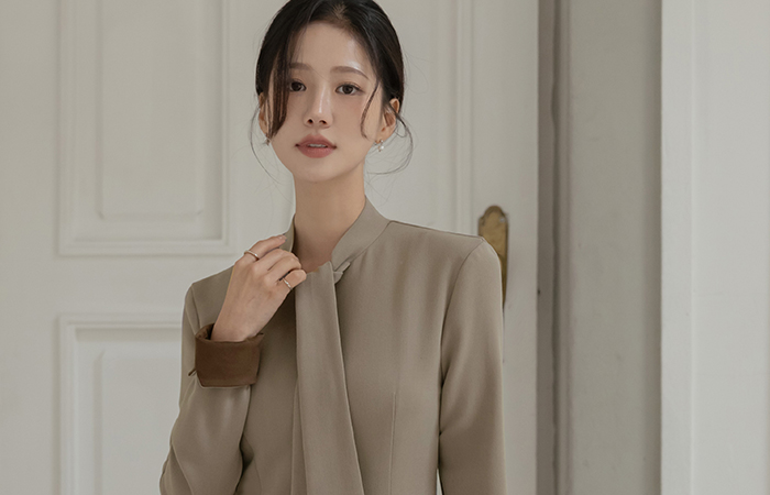 Tie Neck Sleeves Color Combination Slim H-line Dress